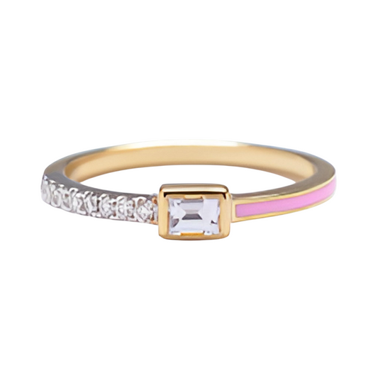 ☆ Best Seller ☆ A signature from Unhada's Tea Party collection, this band combines pale pink enamel with diamonds (.24 tcw) for an effortlessly sophisticated look. Featuring an emerald-cut diamond center (.46 tcw), it dazzles on its own and adds playful charm when stacked. Crafted in 18k gold and sterling silver.