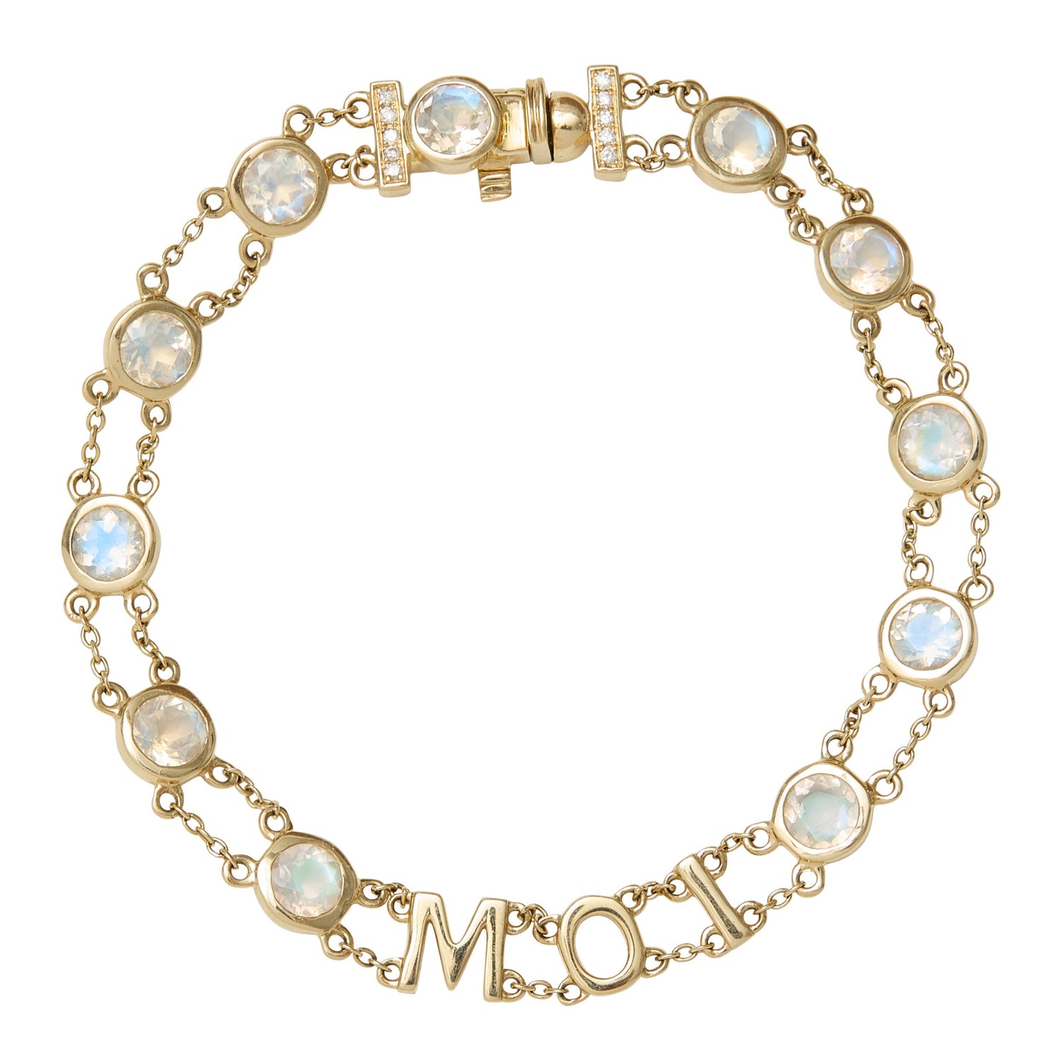 Rainbow Moonstone Rails Bracelet by Unhada. Embrace your inner mystic with the Rainbow Moonstone Rails Bracelet. (Featuring the word "Moi", french for me! It's a unique way to make a statement about yourself.) The custom 14k gold clasp is accented with diamonds and adds an extra touch of sparkle, making this bracelet not only a beautiful accessory, but also a meaningful reflection of your individuality.