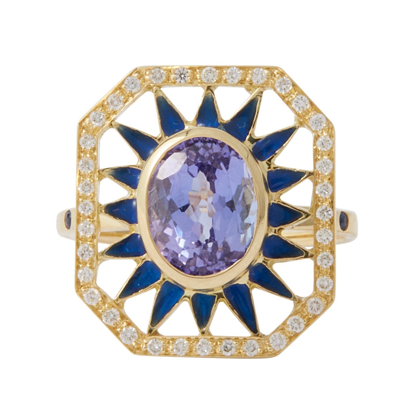 Fate Ring by Unhada - A dazzling tribute to Art Deco design, the one-of-a-kind Fate Ring features an oval-cut tanzanite (2.56 cts) set against a rich blue enamel starburst. Framed by brilliant diamonds, this 18k gold creation is a harmonious blend of vintage inspiration and modern craftsmanship. A striking piece destined to make its mark. Size 6.5. Price available upon request.