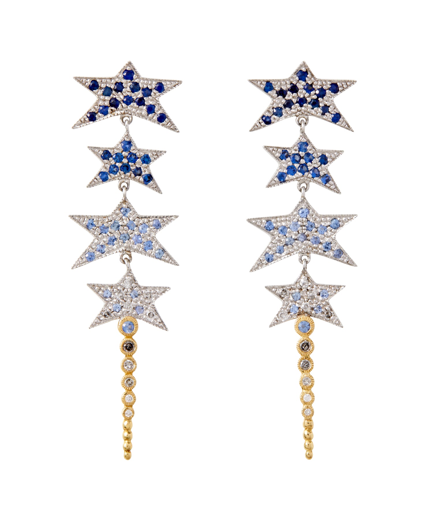 Starplay Earrings by Unhada - Reach for the stars with these bold statement earrings. A captivating linear design features a cascade of stylized stars, each sterling silver star adorned with shimmering ombre blue sapphires (1.06 cts). The design tapers down gracefully, ending with a line of graduated bezel-set sapphires and diamonds (.23 cts) in radiant 18k yellow gold, creating a stunning contrast that catches the light from every angle. At a bold 2 inches in length, these earrings are secured with post ba