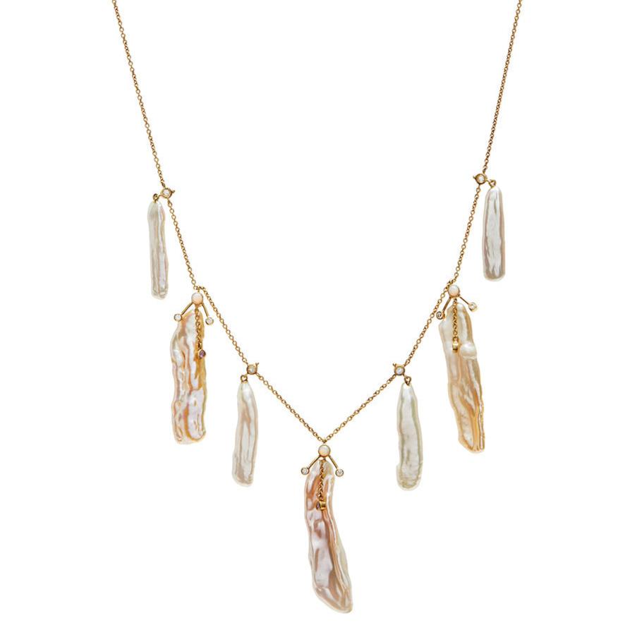 A singular creation of organic elegance, this one-of-a-kind necklace is a&nbsp;statement of artistry.&nbsp; Lustrous Biwa freshwater icicle pearls dangle from an 18k gold chain, accented with sparkling sapphires, opals, and diamonds for a touch of luxury. Perfect for layering or wearing solo, this versatile piece effortlessly elevates everything from casual looks to evening ensembles. Length: 16".